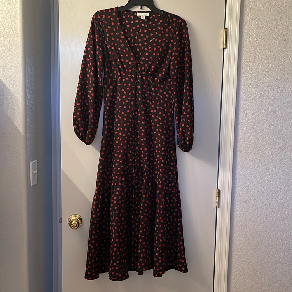 Topshop Long Sleeve Button Front Rose Floral Tiered Midi Dress in Black